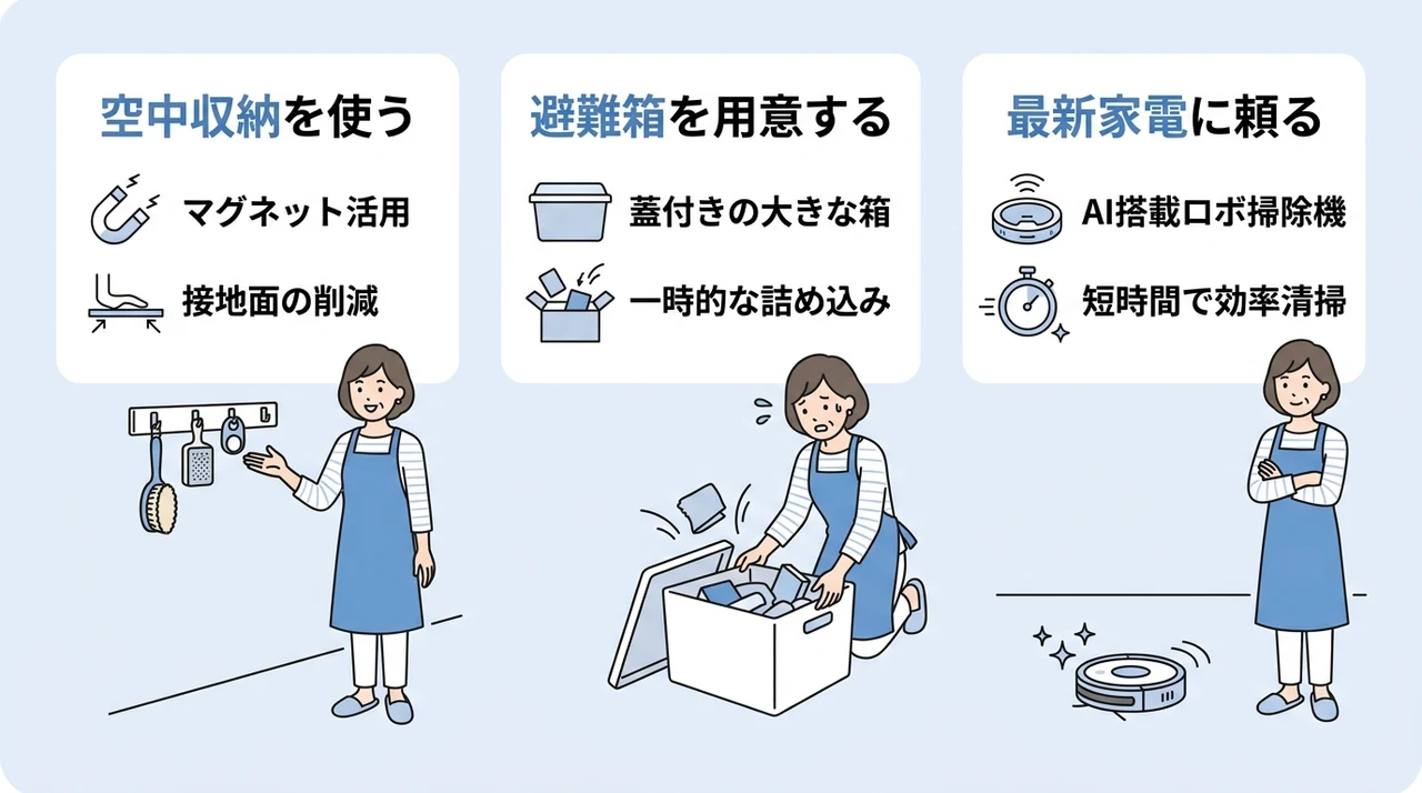 掃除の手間を減らす空中収納と日頃の予防策
